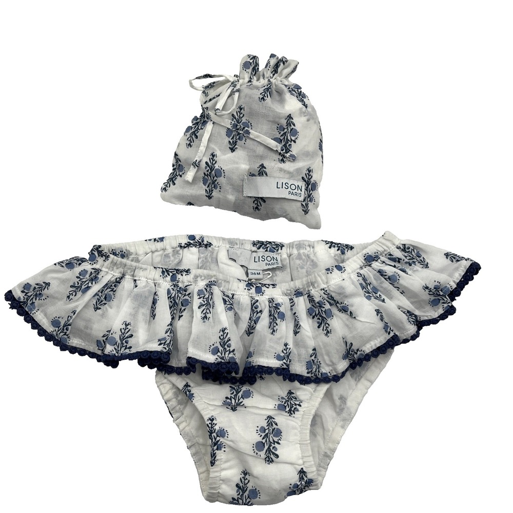 Lot of 3 Lison Paris Baby Bloomers 36M White Blue Cotton Ruffle NWT